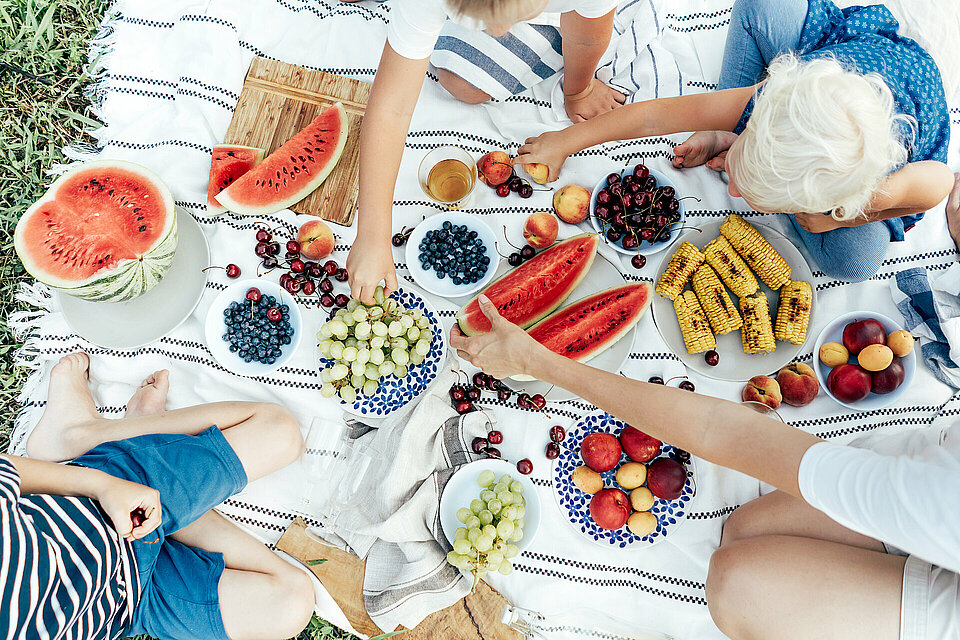 aantal mensen picknicken met gezonde gerechten