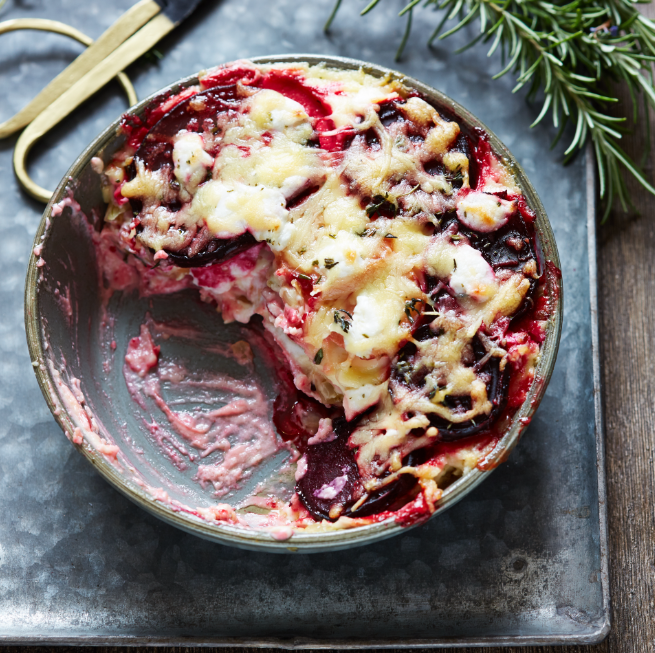 Lasagne van geroosterde zoete bietjes met geitenkaas