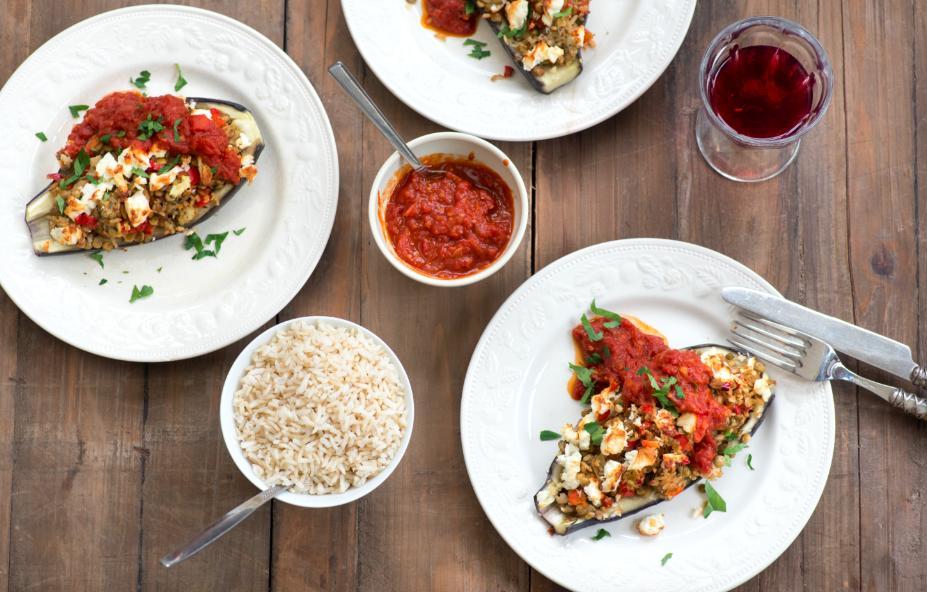 gevulde aubergine met linze
