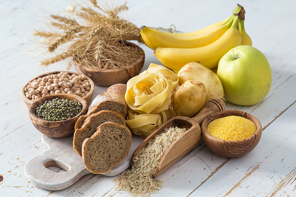 Koolhydraatrijke producten als brood, rijst, pasta, aardappelen