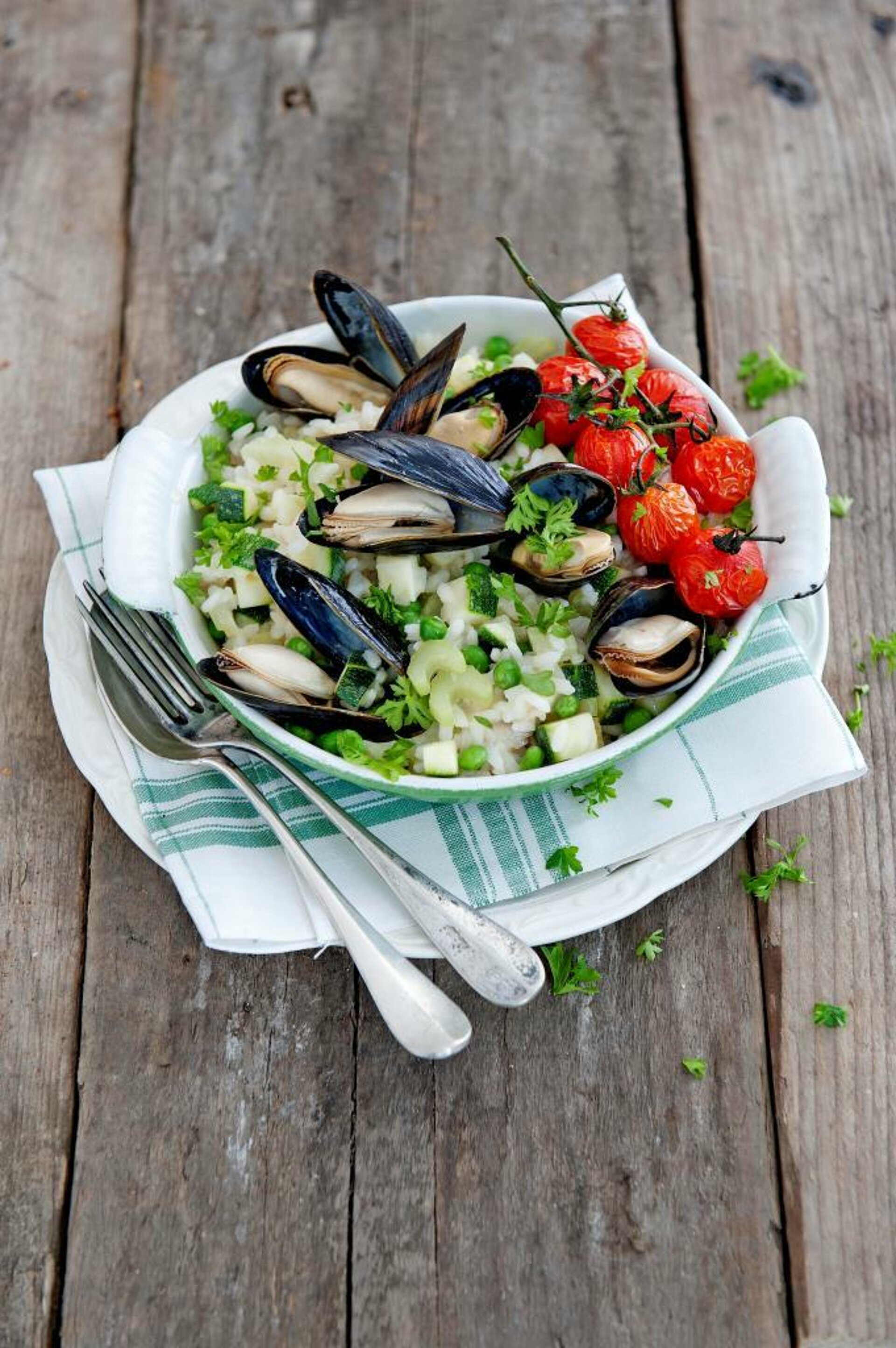 Risotto met mosselen en groene groenten
