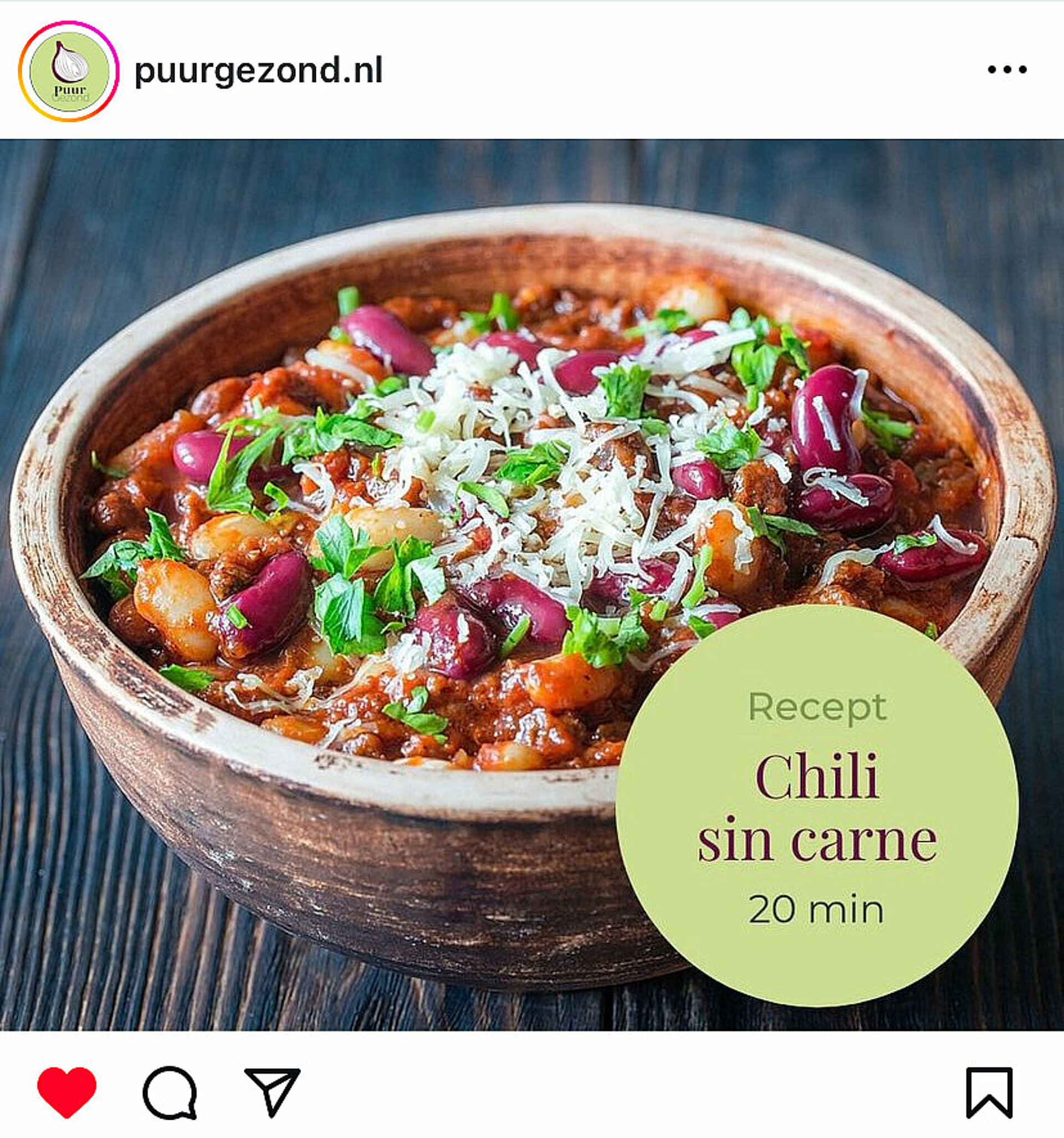 PuurGezond op insta: populair kom chili sin carne op instagramaccount Puurgezond