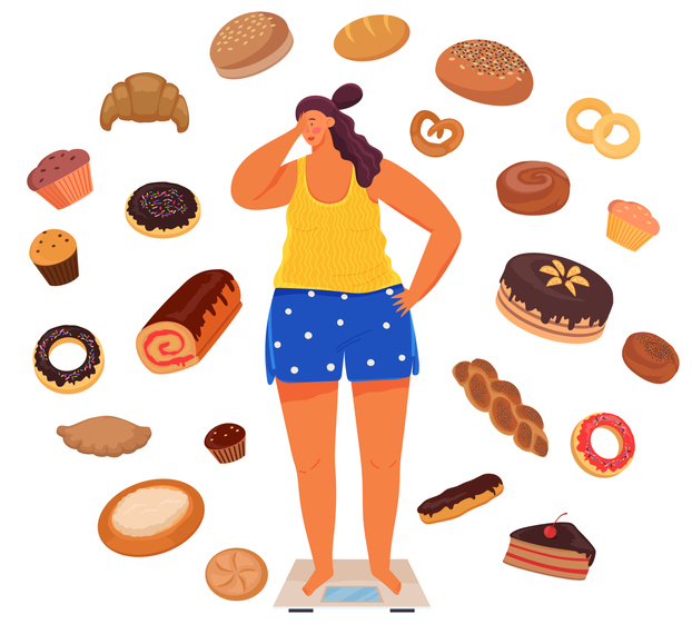 illustratie van iemand met eten om zich heen